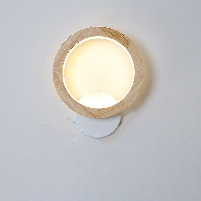 Japanese Round Rubber Wood Hardware LED Wall Sconce Lamp