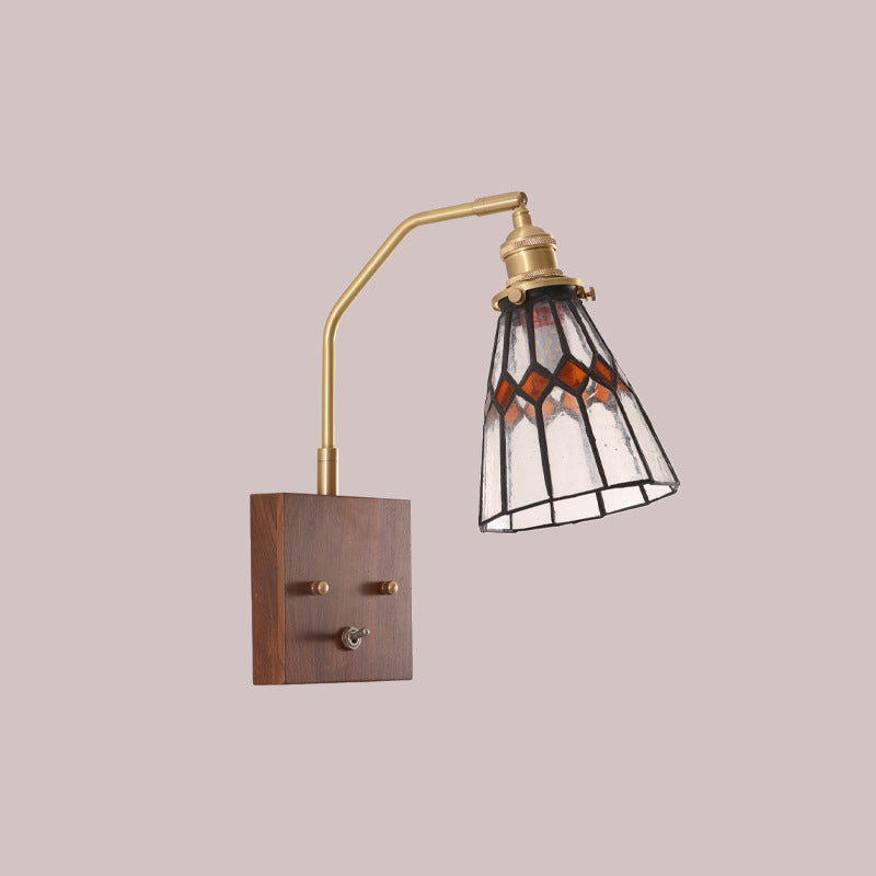 Square Cone All Copper Wood Glass 1-Light Wall Sconce Lamp