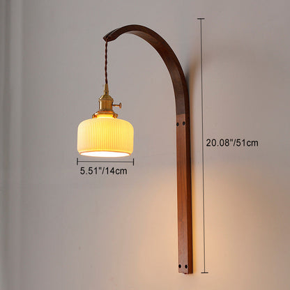 Japanese Shade Wood Curved Pole 1-Light Wall Sconce Lamp