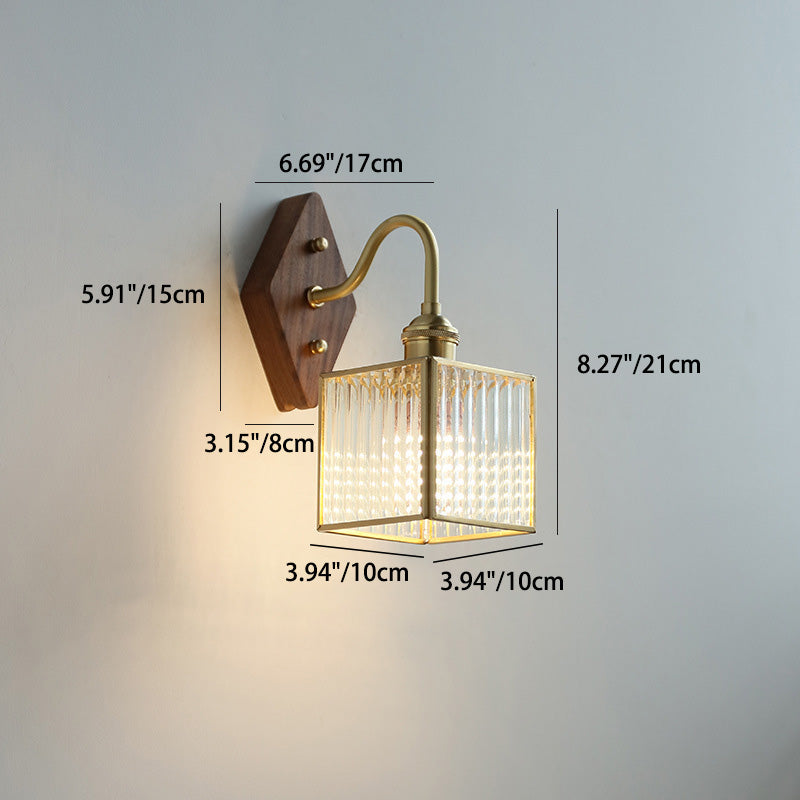 Square Copper Glass Wood 1-Light Wall Sconce Lamp
