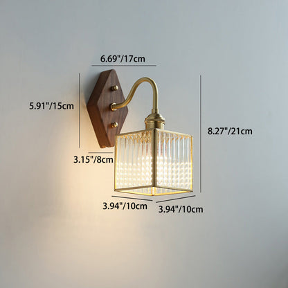 Square Copper Glass Wood 1-Light Wall Sconce Lamp