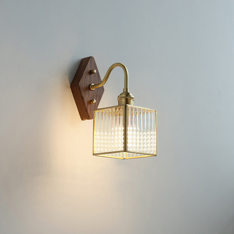 Square Copper Glass Wood 1-Light Wall Sconce Lamp