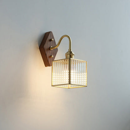 Square Copper Glass Wood 1-Light Wall Sconce Lamp