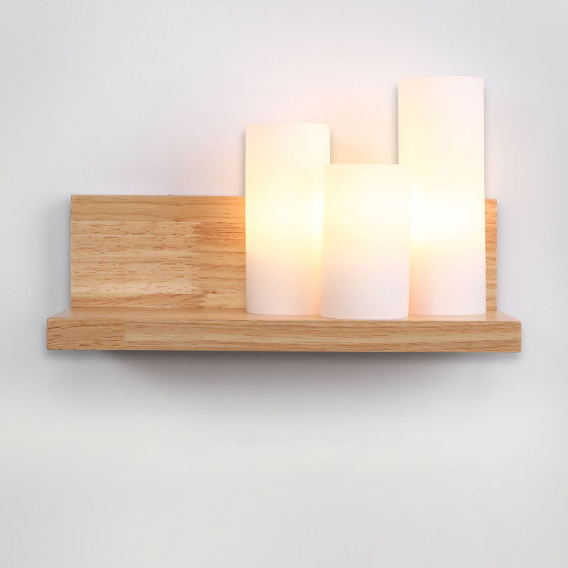 Japanese Cylindrical Wooden Glass 1-Light Wall Sconce Lamp