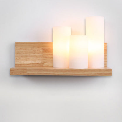 Japanese Cylindrical Wooden Glass 1-Light Wall Sconce Lamp