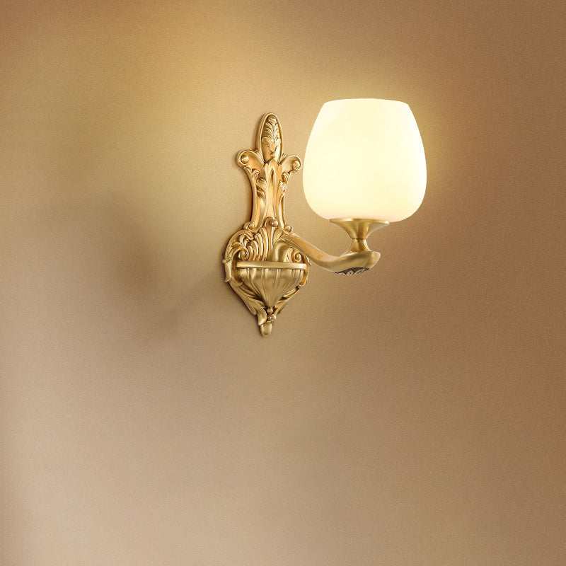 Brass Glass Cup Carving Base 1/2 Light Wall Sconce Lamp