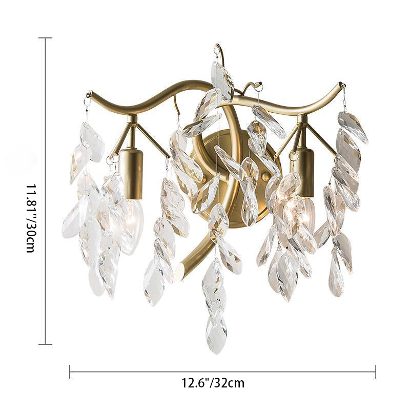 French Leaf Iron Copper Crystal 2-Light Wall Sconce Lamp
