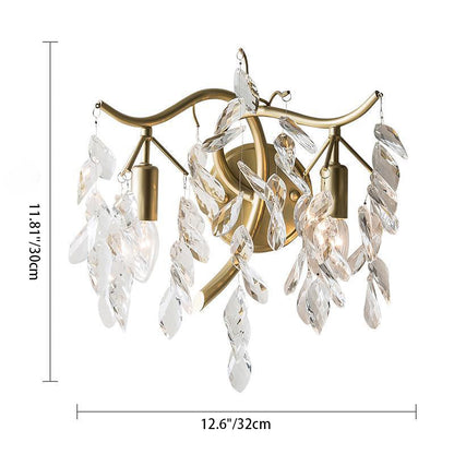 French Leaf Iron Copper Crystal 2-Light Wall Sconce Lamp