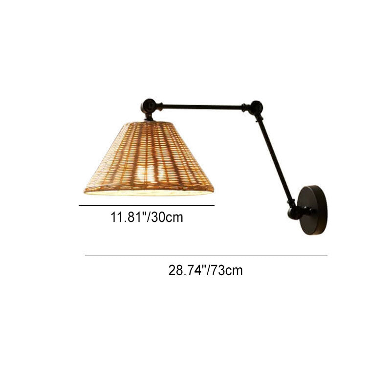 Rattan Cone Shade Iron Swing Arm 1-Light Wall Sconce Lamp