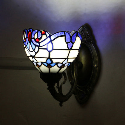 Tiffany Glass Iron Round Bowl 1-Light Wall Sconce Lamp