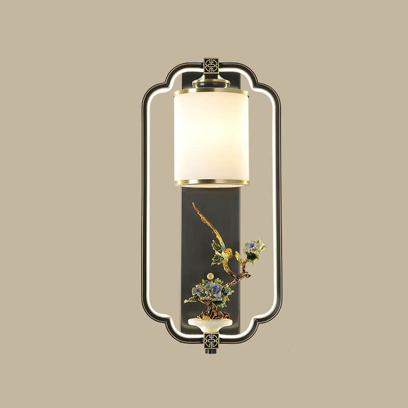Chinese Jade Copper Square Oval 1- Light Wall Sconce Lamp