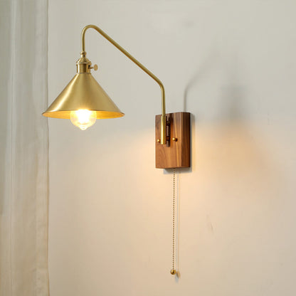 Retro Brass Walnut Conic 1-Light Wall Sconce Lamp