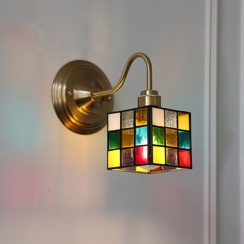 Square Cube Tulip Brass Glass 1-Light Wall Sconce Lamp