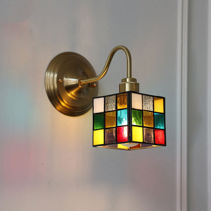 Square Cube Tulip Brass Glass 1-Light Wall Sconce Lamp