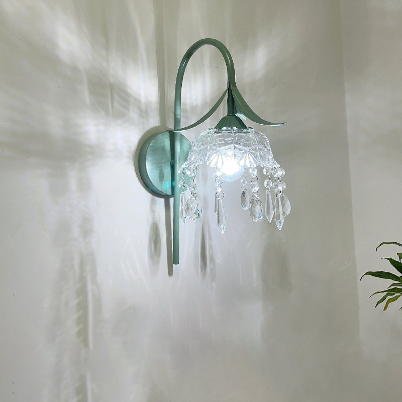 Iron Flower Glass Shade Crystal 1-Light Wall Sconce Lamp