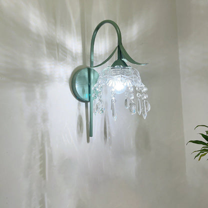 Iron Flower Glass Shade Crystal 1-Light Wall Sconce Lamp
