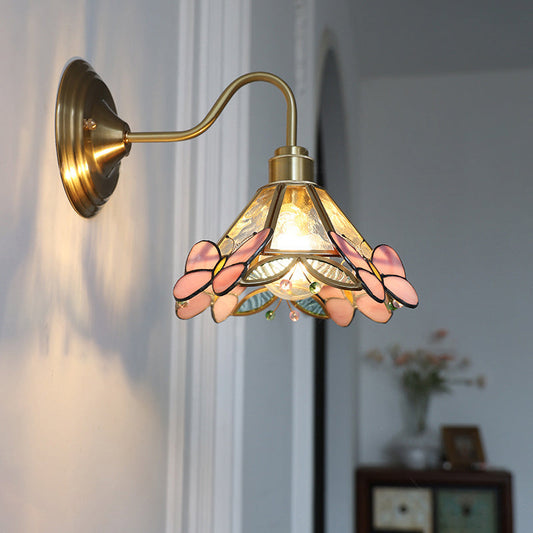 Colorful Tapered Glass Shade Brass 1-Light Wall Sconce Lamp