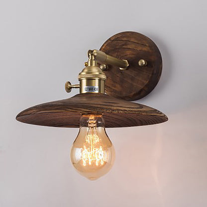Round Wood Grain Brass Wood 1-Light Wall Sconce Lamp