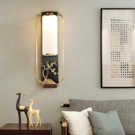 Chinese Glass Cylinder Shade 1-Light Wall Sconce Lamp