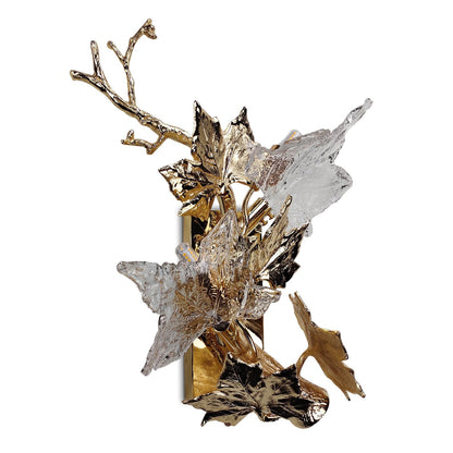 Copper Glass Maple Leaf Branch 2-Light Wall Sconce Lamp