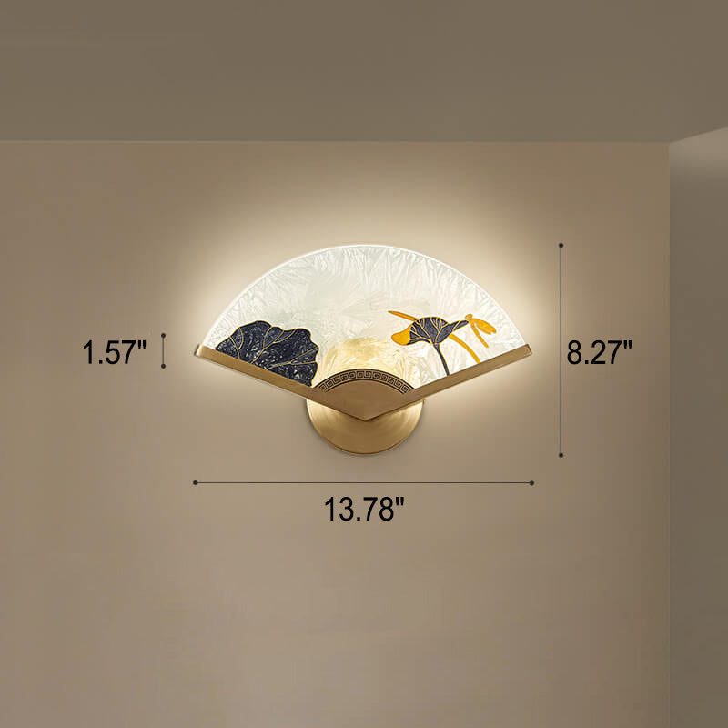 Chinese Glass Folding Fan Shaped Brass LED Wall Sconce Lamp