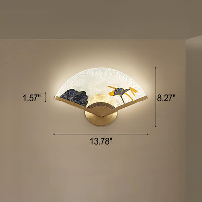 Chinese Glass Folding Fan Shaped Brass LED Wall Sconce Lamp