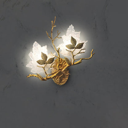 Copper Glass Maple Leaf Branch 2-Light Wall Sconce Lamp
