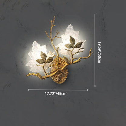 Copper Glass Maple Leaf Branch 2-Light Wall Sconce Lamp