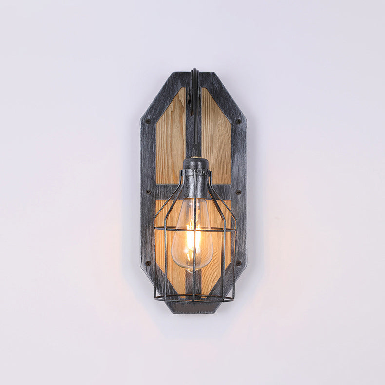 Industrial Pine Wood Iron Cage 1-Light Wall Sconce Lamp
