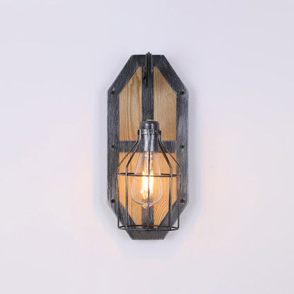 Industrial Pine Wood Iron Cage 1-Light Wall Sconce Lamp