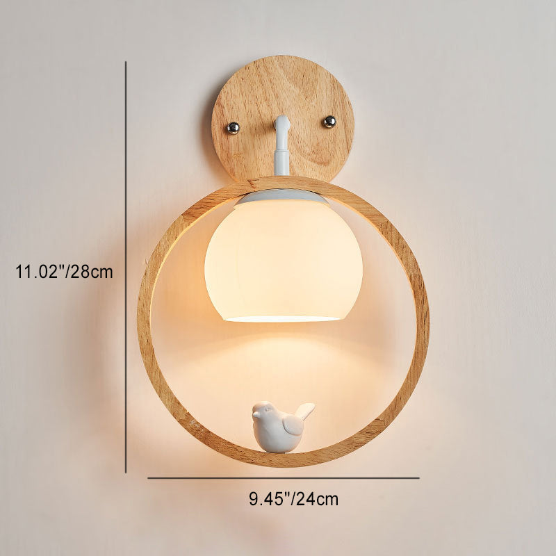 Scandinavian Round Bird Wood Glass 1-Light Wall Sconce Lamp