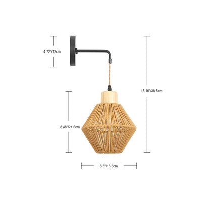Japanese Round Wood Rattan 1-Light Wall Sconce Lamp