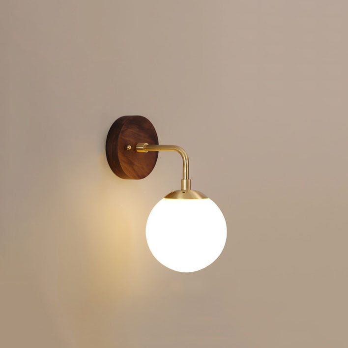 Walnut Brass Glass Round Orb 1-Light Wall Sconce Lamp