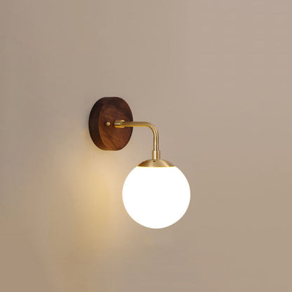 Walnut Brass Glass Round Orb 1-Light Wall Sconce Lamp