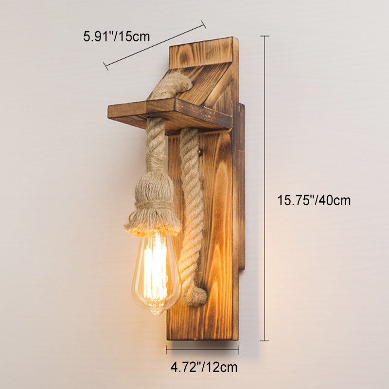Rectangular Wood Hemp Rope 1-Light Wall Sconce Lamp