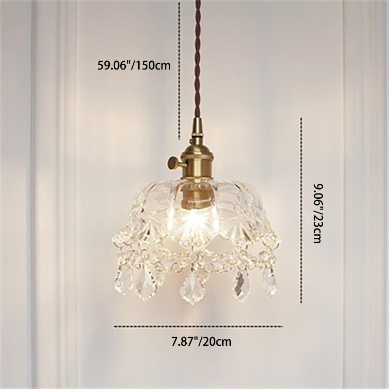 Round Carved Brass Glass Crystal 1-Light Pendant Light