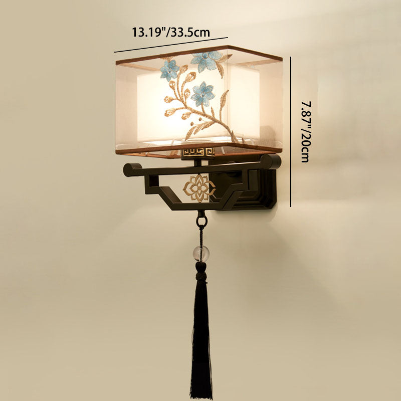 Chinese Tasseled Iron Fabric 1-Light Wall Sconce Lamp
