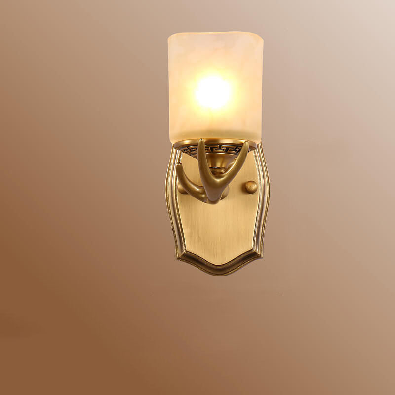 European Antler Brass Glass 1-Light Wall Sconce Lamp