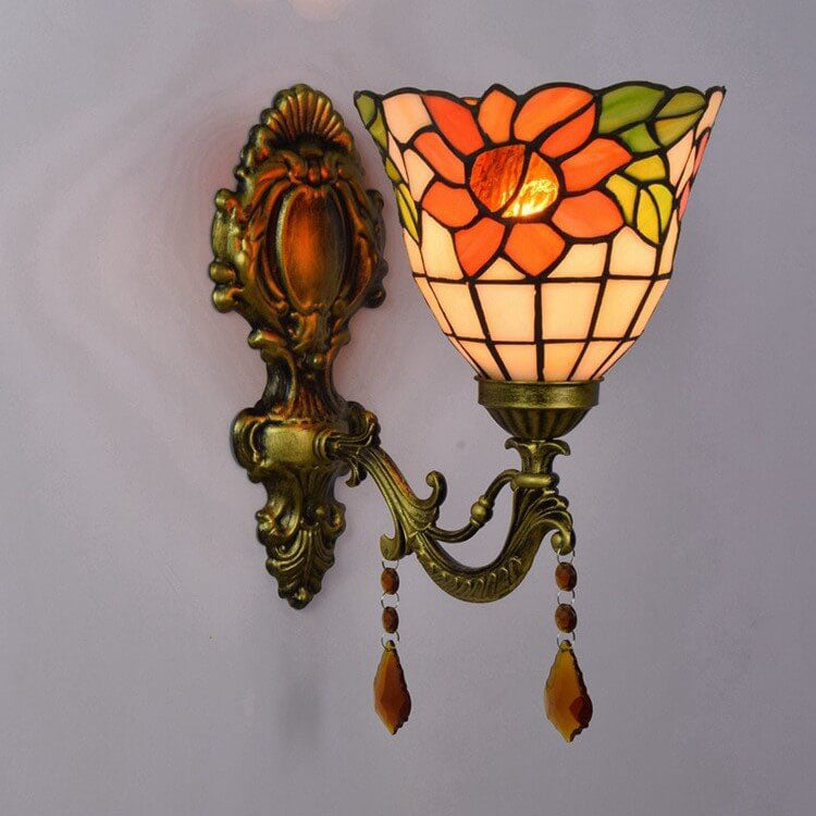 Tiffany Flower Glass Metal Resin 1/2-Light Wall Sconce Lamp
