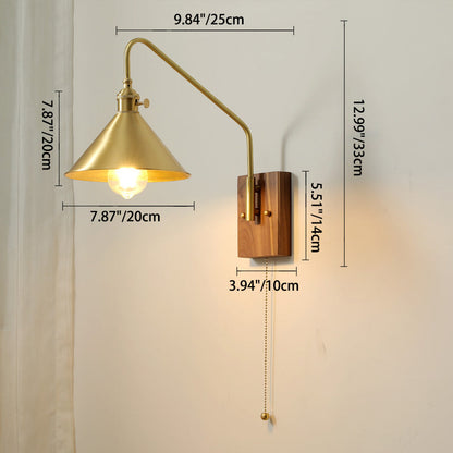 Retro Brass Walnut Conic 1-Light Wall Sconce Lamp