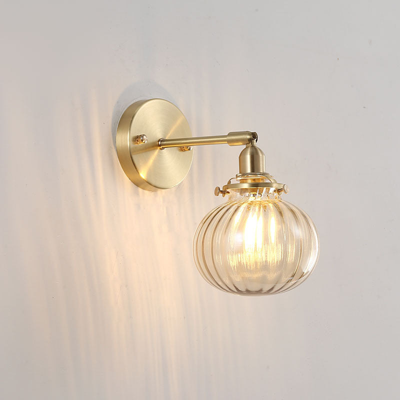 Brass Pumpkin Glass Shade 1-Light Wall Sconce Lamp