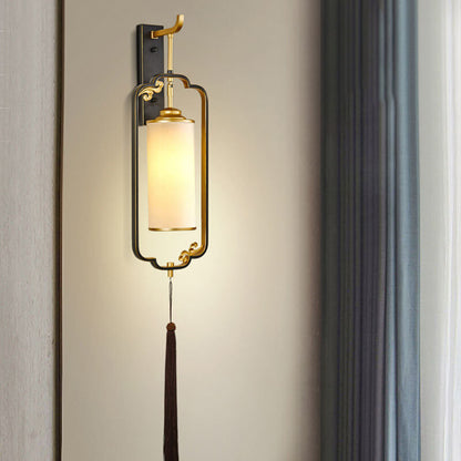 Chinese Copper Iron Glass Column 1-Light Wall Sconce Lamp