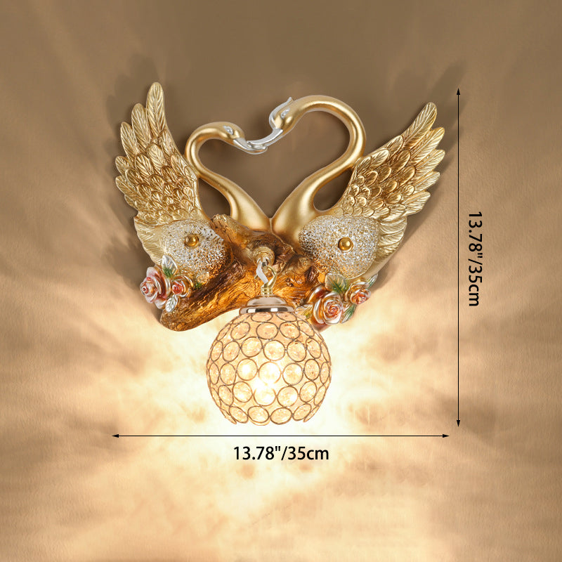 Deco Iron Crystal Couple Swan Ball 1-Light Wall Sconce Lamp