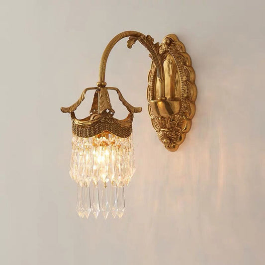 French Carved Leaf Brass Crystal 1/2 Light Wall Sconce Lamp