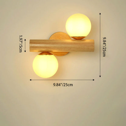 Scandinavian Orb Rubberwood Glass 2-Light Wall Sconce Lamp
