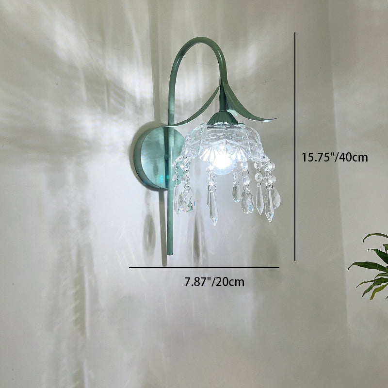 Iron Flower Glass Shade Crystal 1-Light Wall Sconce Lamp
