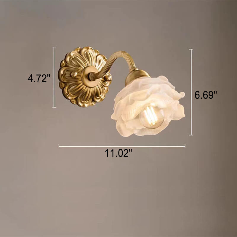 European Light Floral Glass Brass 1-Light Wall Sconce Lamp