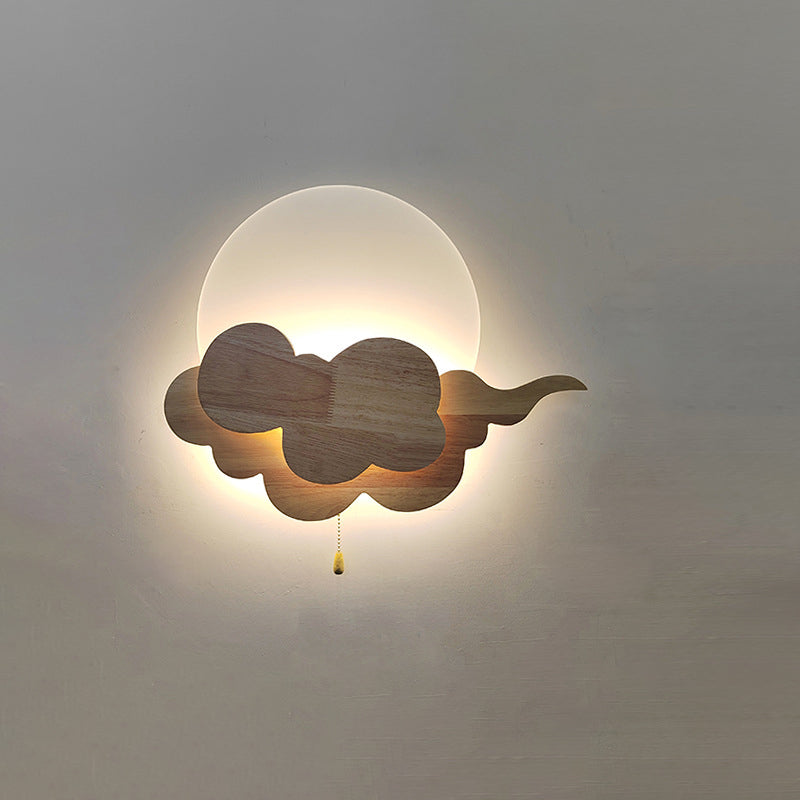 Chinese Round Cloudy Wood Acrylic LED Wall Sconce Lamp