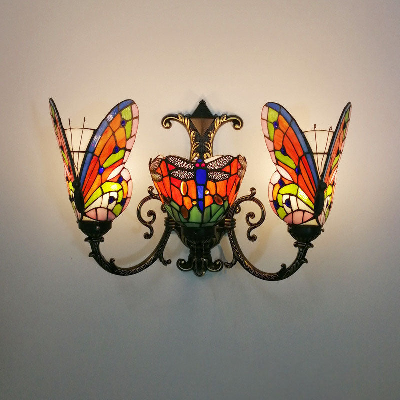 Tiffany Butterfly Alloy Iron Glass 3-Light Wall Sconce Lamp