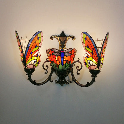 Tiffany Butterfly Alloy Iron Glass 3-Light Wall Sconce Lamp